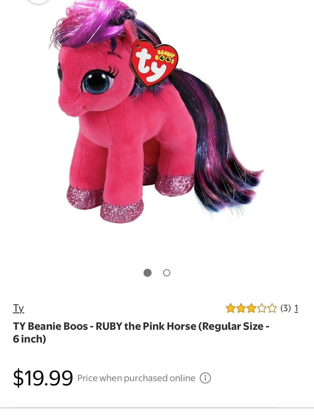 Ty Beanie Boo- Ruby (Pink Plush Horse with Purple-Blue Mane and Glitter Hooves)
